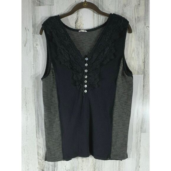 Pol Sleeveless Top Size Large Black Tan Multi Media Lace Waffle Knit Grunge Goth - Picture 2 of 10